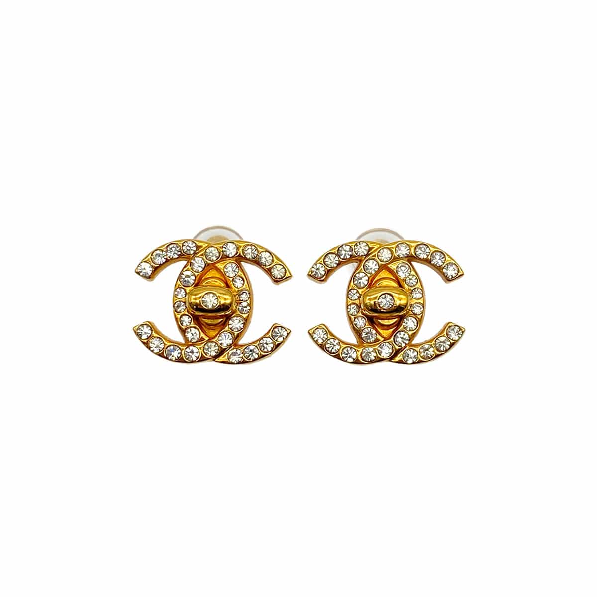 PURPOSE VINTAGE CHANEL EARRINGS TURN LOCK COCOMARK RHINESTONE GOLD ACCESSORY 96A 90323110