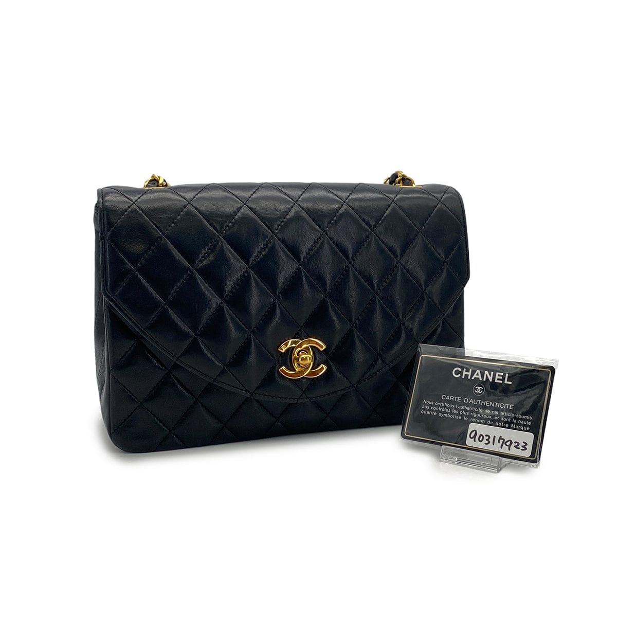 PURPOSE VINTAGE CHANEL HALF MOON CHAIN SHOULDER BAG BLACK LAMB SKIN GOLD HARDWARE 90317923