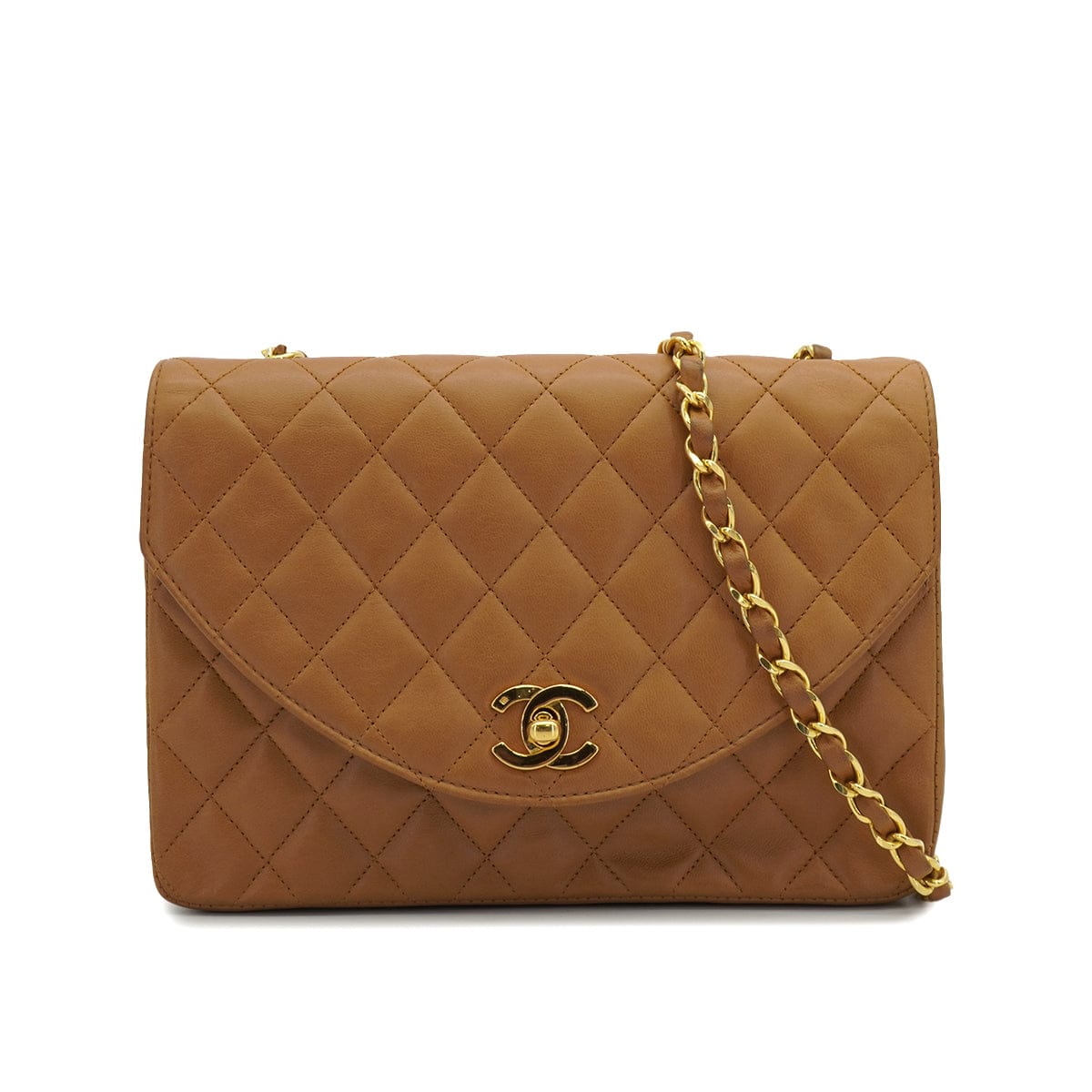 PURPOSE VINTAGE CHANEL HALF MOON CHAIN SHOULDER BAG BROWN LAMB SKIN GOLD HARDWARE 90318628