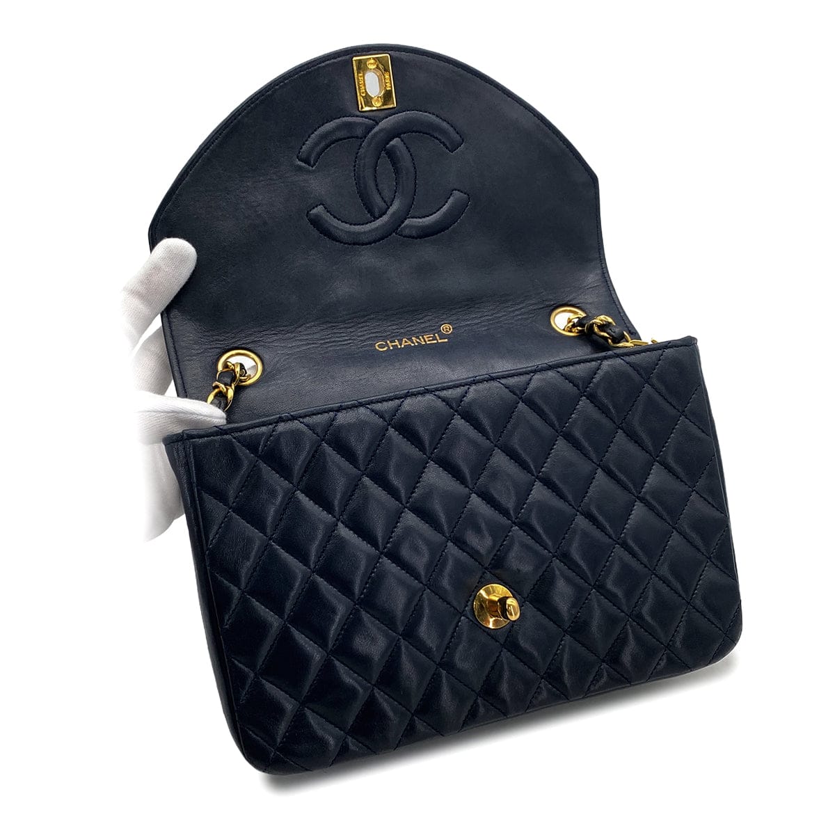 PURPOSE VINTAGE CHANEL HALF MOON CHAIN SHOULDER BAG NAVY LAMB SKIN GOLD HARDWARE 90318630
