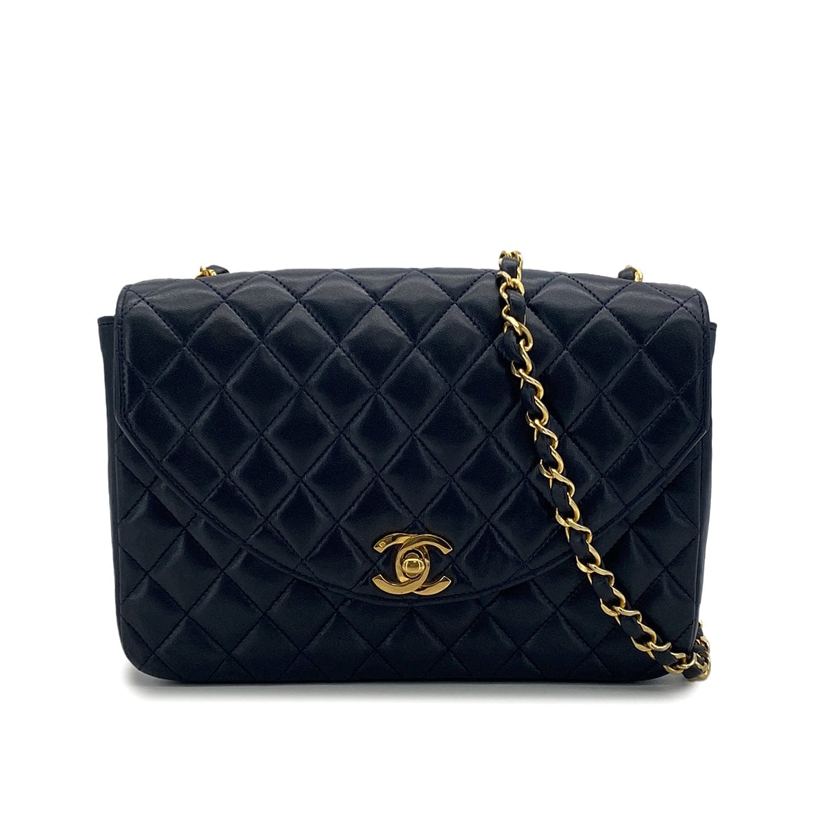 PURPOSE VINTAGE CHANEL HALF MOON CHAIN SHOULDER BAG NAVY LAMB SKIN GOLD HARDWARE 90318630