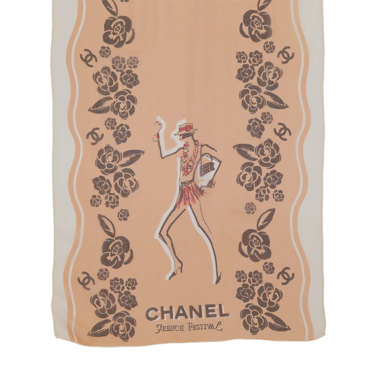 PURPOSE VINTAGE CHANEL MADEMOISELLE SCARF CAMELLIA COCOMARK PINK BEIGE SILK 90323491