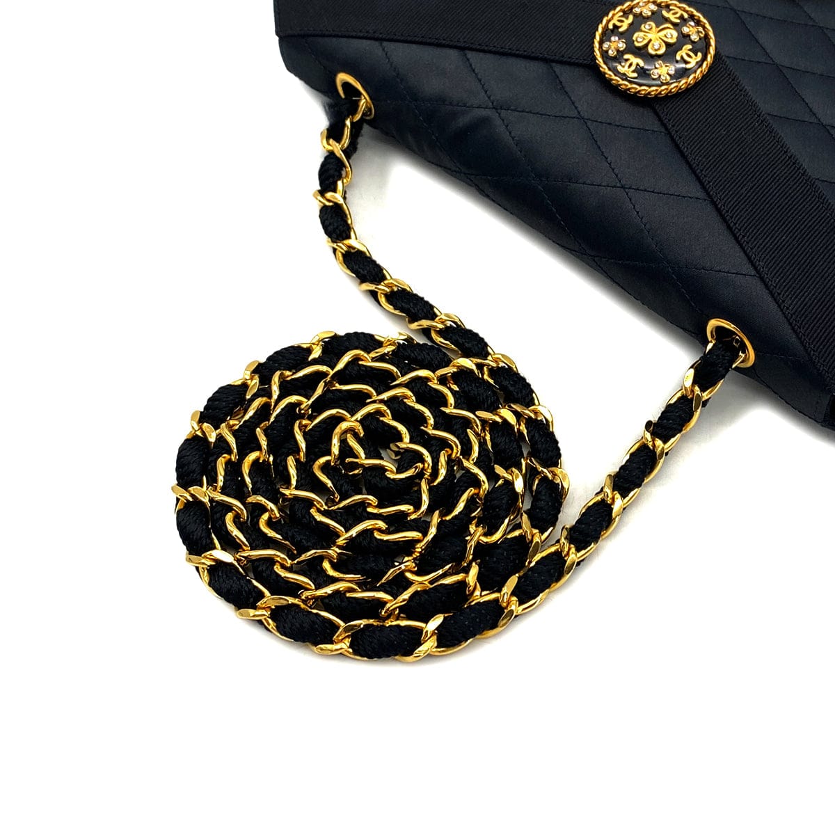 PURPOSE VINTAGE CHANEL MATELASSE CHAIN SHOULDER BAG BLACK SATIN GOLD HARDWARE 90327392