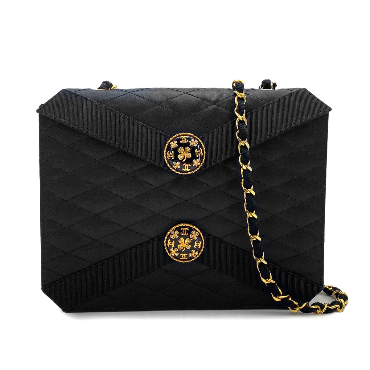 PURPOSE VINTAGE CHANEL MATELASSE CHAIN SHOULDER BAG BLACK SATIN GOLD HARDWARE 90327392