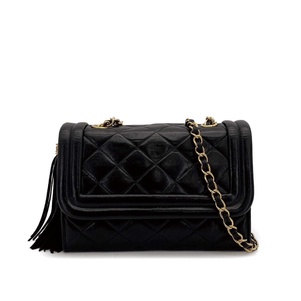 PURPOSE VINTAGE CHANEL MATELASSE FRINGE CHAIN SHOULDER BAG BLACK LAMB SKIN GOLD HARDWARE 90310297