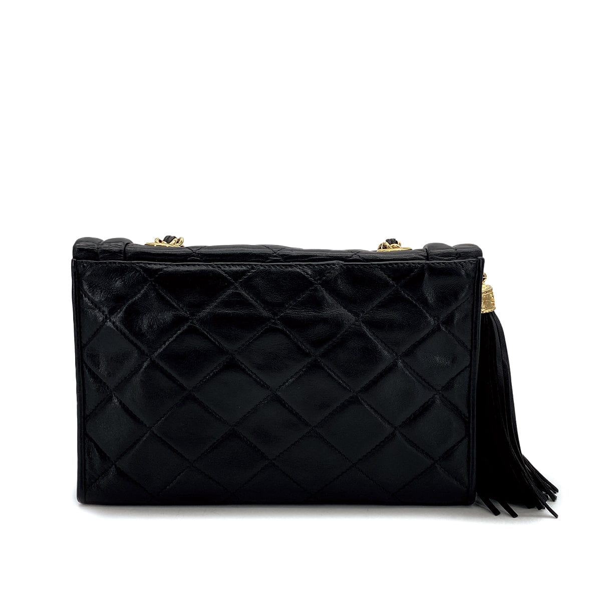PURPOSE VINTAGE CHANEL MATELASSE FRINGE CHAIN SHOULDER BAG BLACK LAMB SKIN GOLD HARDWARE 90310297