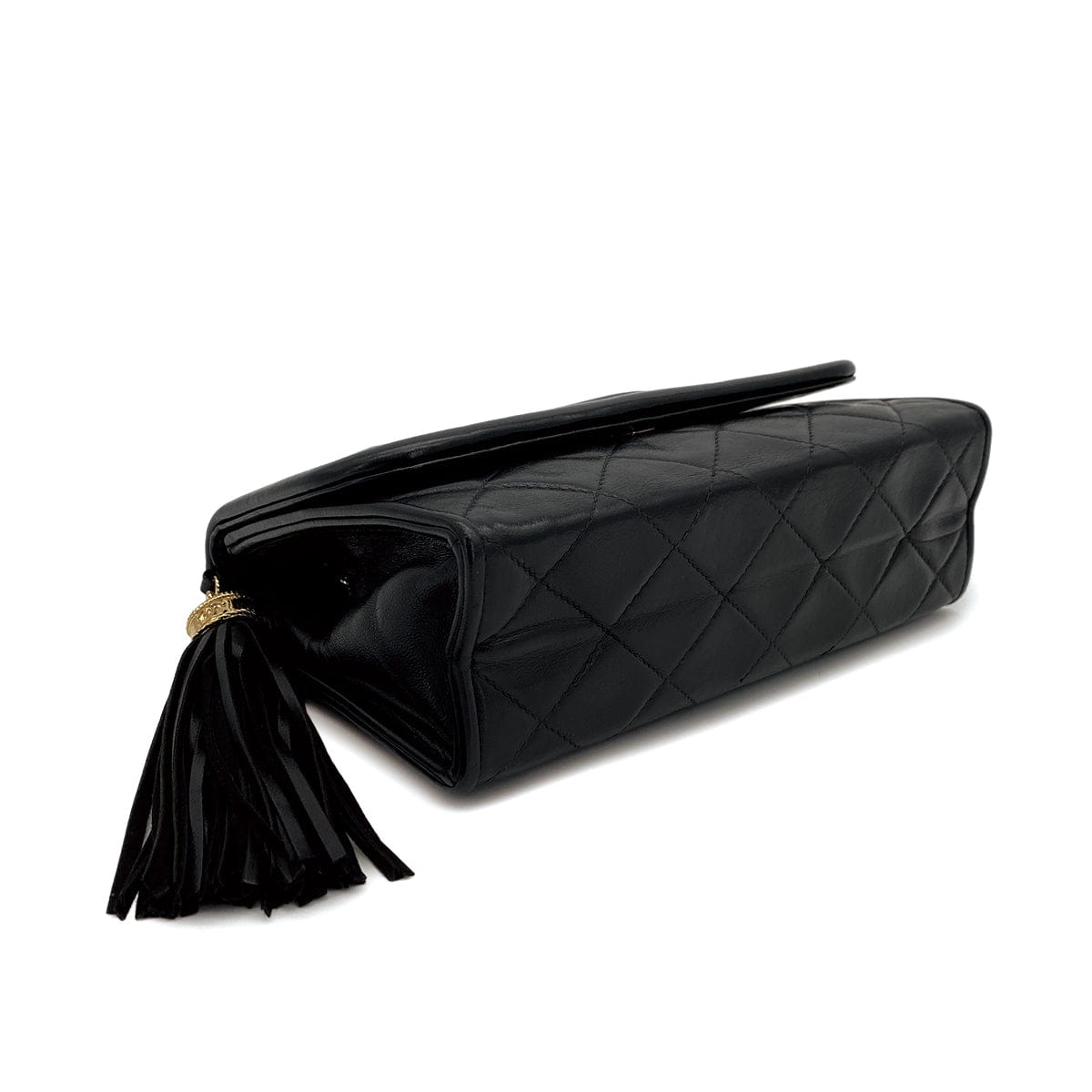 PURPOSE VINTAGE CHANEL MATELASSE FRINGE CHAIN SHOULDER BAG BLACK LAMB SKIN GOLD HARDWARE 90310297