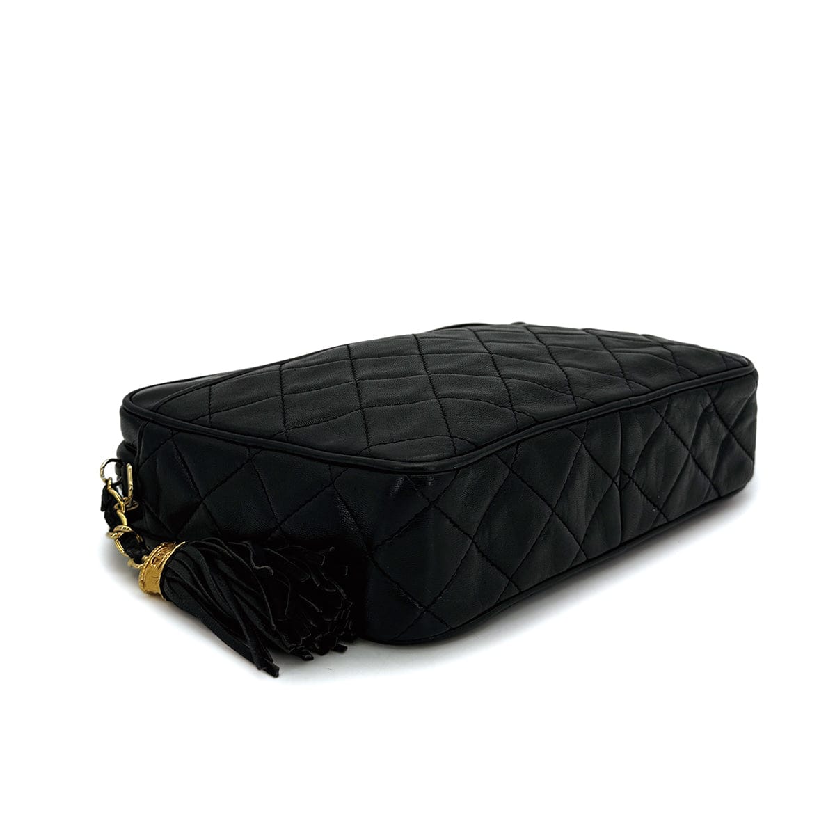 PURPOSE VINTAGE CHANEL MATELASSE FRINGE CHAIN SHOULDER BAG BLACK LAMB SKIN GOLD HARDWARE 90317007