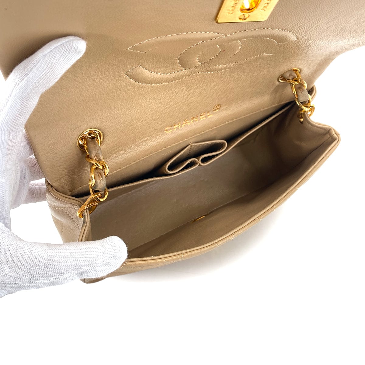 PURPOSE VINTAGE CHANEL MATELASSE FULL FLAP CHAIN SHOULDER BAG BEIGE LAMB SKIN GOLD HARDWARE 90327055