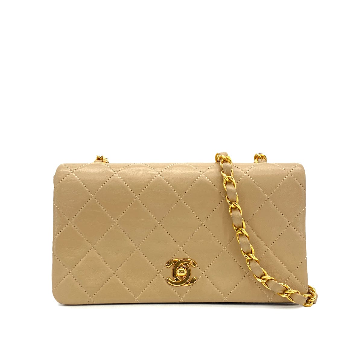 PURPOSE VINTAGE CHANEL MATELASSE FULL FLAP CHAIN SHOULDER BAG BEIGE LAMB SKIN GOLD HARDWARE 90327055