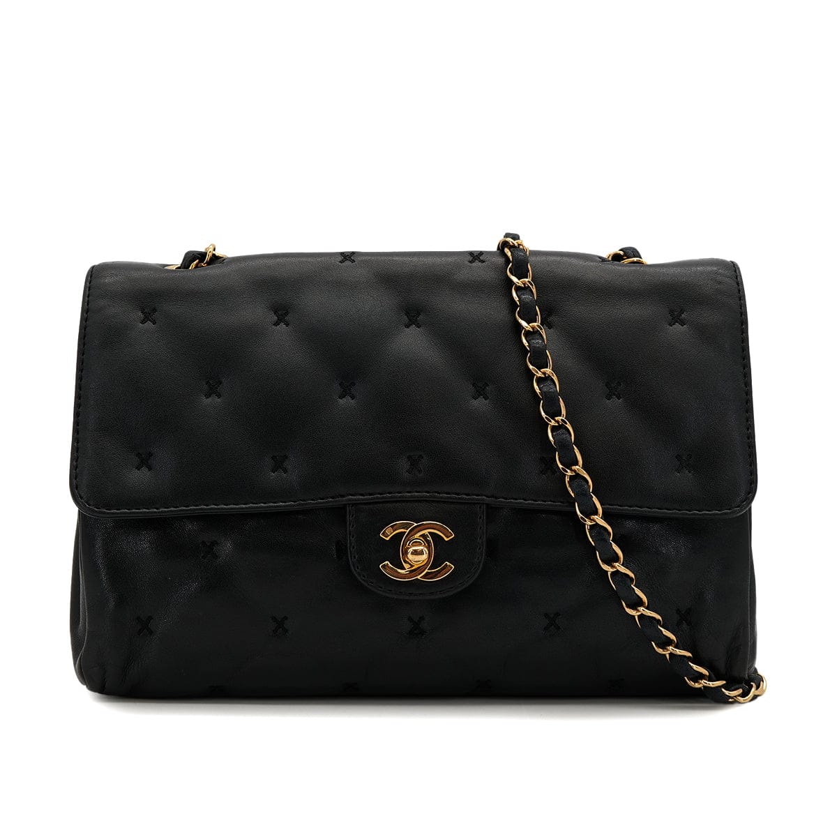 PURPOSE VINTAGE CHANEL MATELASSE STITCH CHAIN SHOULDER BAG BLACK LAMB SKIN GOLD HARDWARE 90322926