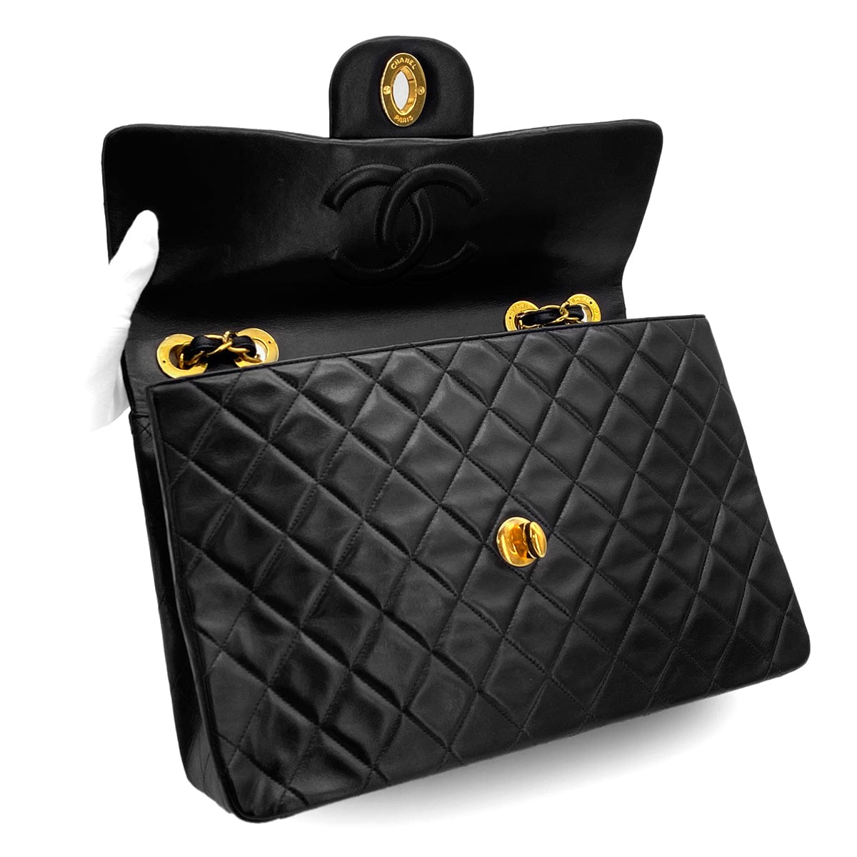 PURPOSE VINTAGE CHANEL MAXI MATELASSE 34 CHAIN SHOULDER BAG BLACK LAMB SKIN GOLD HARDWARE 90321152