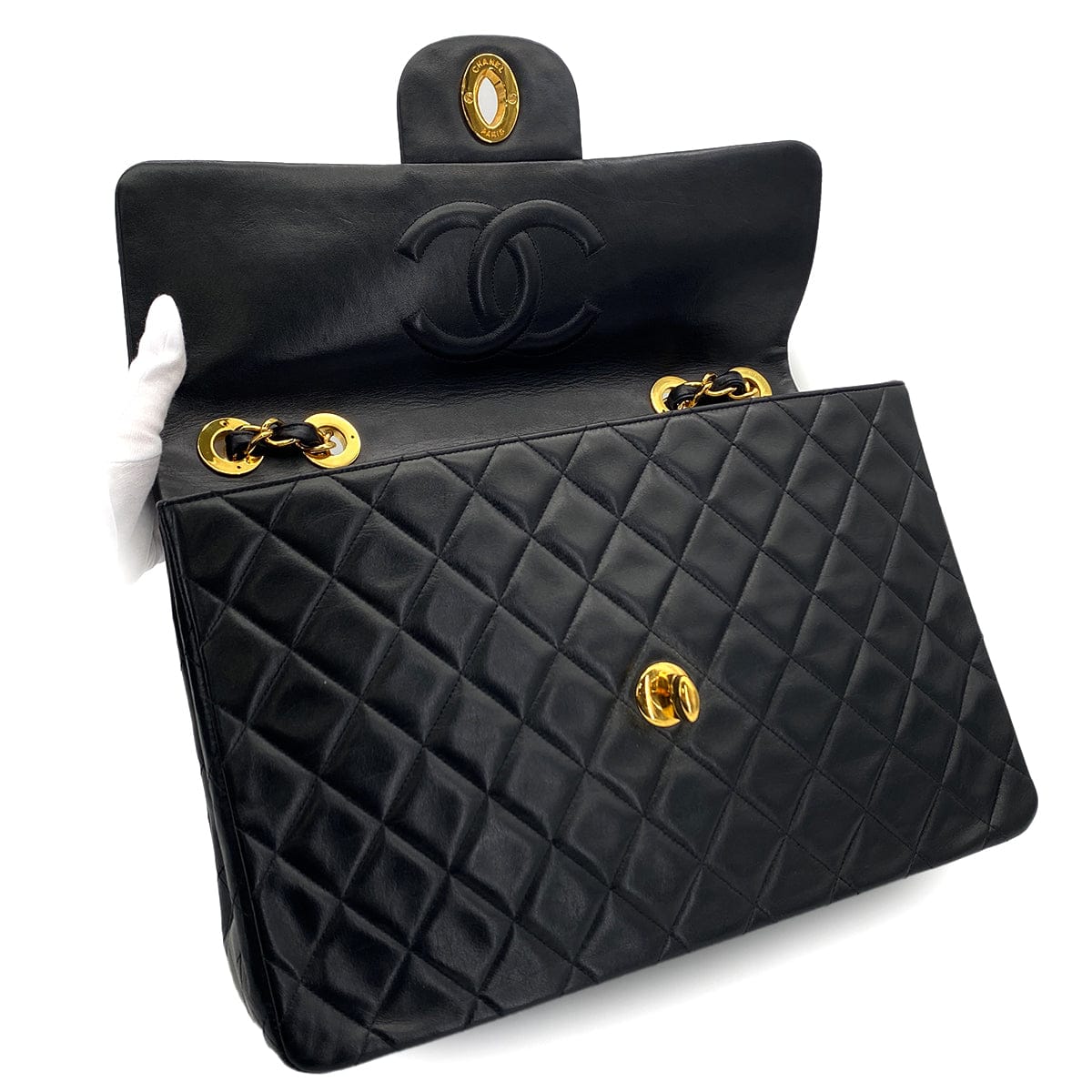 PURPOSE VINTAGE CHANEL MAXI MATELASSE 34 CHAIN SHOULDER BAG BLACK LAMB SKIN GOLD HARDWARE 90323980