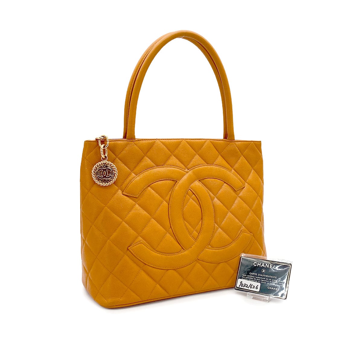 PURPOSE VINTAGE CHANEL MEDALLION MATELLASSE TOTE BAG ORANGE CAVIAR SKIN GOLD HARDWARE 90321626