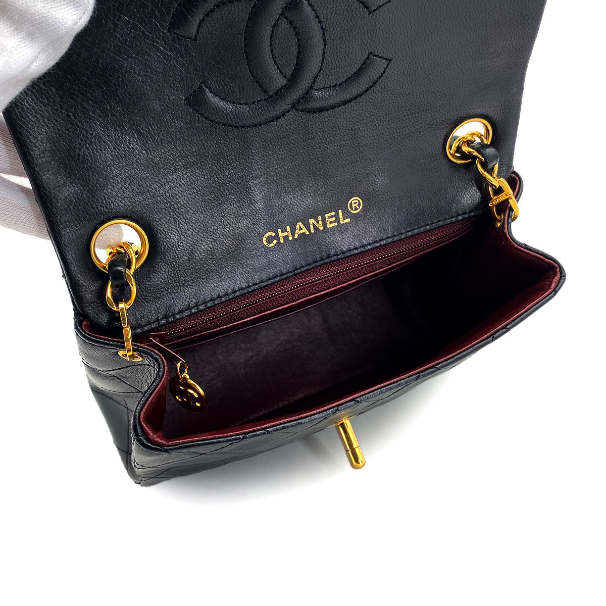PURPOSE VINTAGE CHANEL MINI SQUARE 17 CHAIN SHOULDER BAG BLACK LAMB SKIN GOLD HARDWARE 90327281