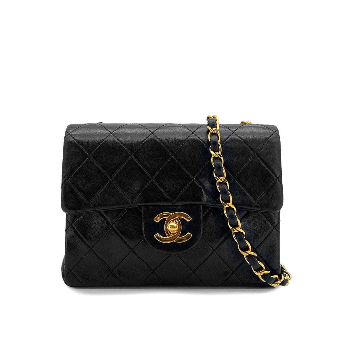 PURPOSE VINTAGE CHANEL MINI SQUARE 17 CHAIN SHOULDER BAG BLACK LAMB SKIN GOLD HARDWARE 90327281