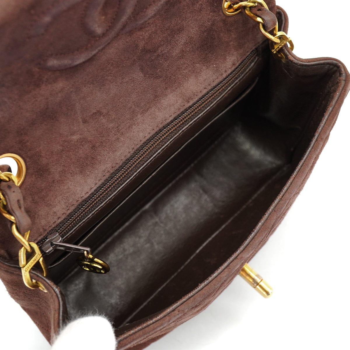 PURPOSE VINTAGE CHANEL MINI SQUARE 17 CHAIN SHOULDER BAG BROWN SUEDE GOLD HARDWARE 90326852