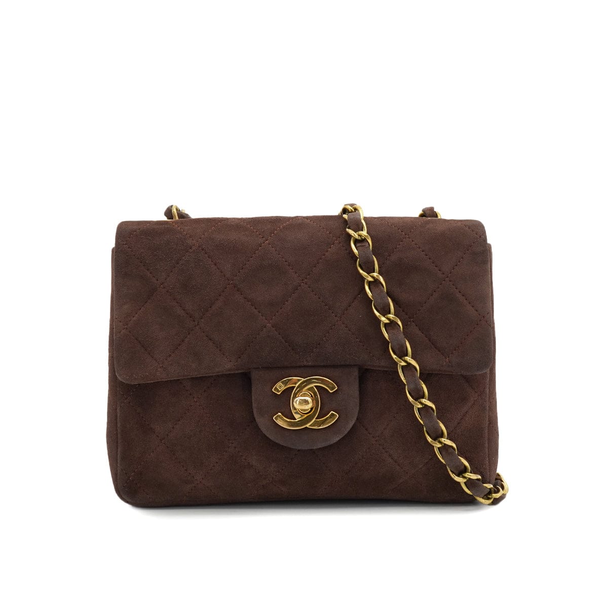 PURPOSE VINTAGE CHANEL MINI SQUARE 17 CHAIN SHOULDER BAG BROWN SUEDE GOLD HARDWARE 90326852