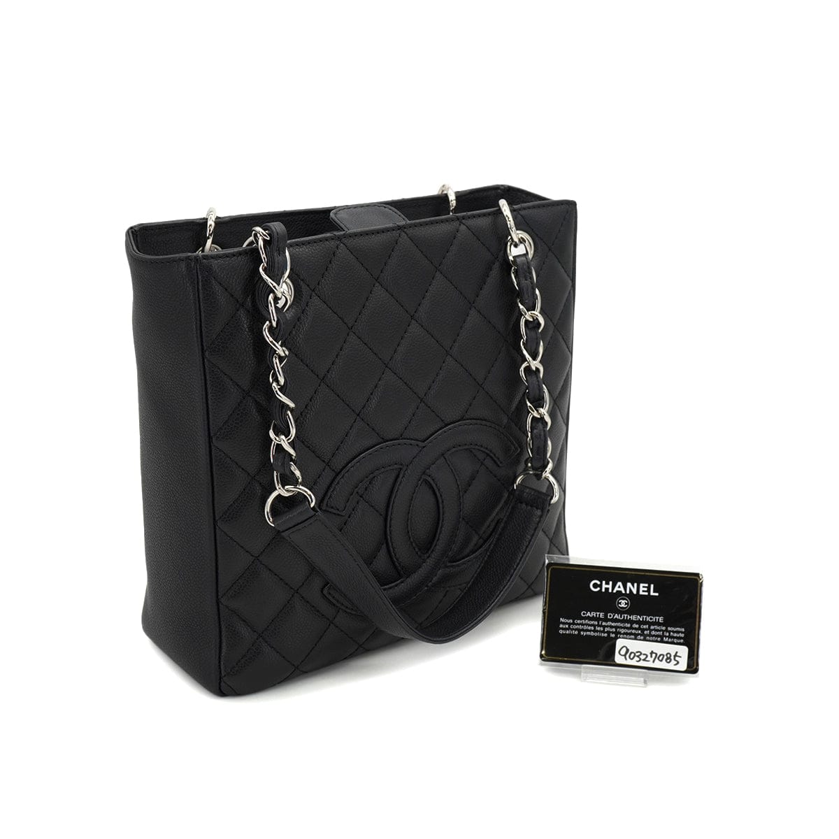 PURPOSE VINTAGE CHANEL PST CHAIN TOTE BAG BLACK CAVIAR SKIN SILVER HARDWARE 90327085