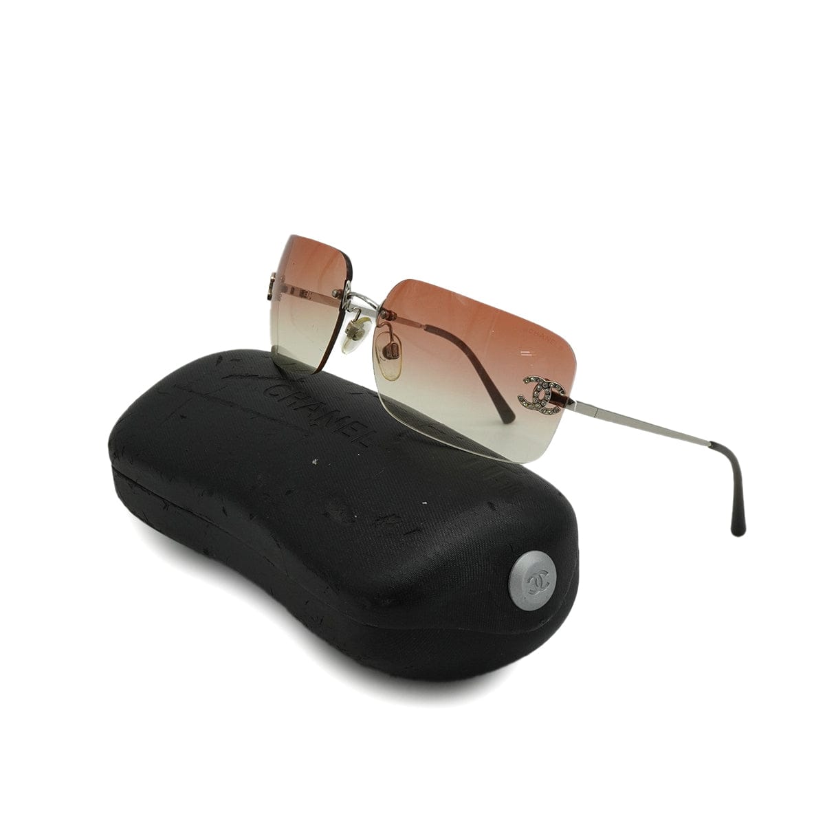 VINTAGE CHANEL RIMLESS SUNGLASSES COCOMARK RHINESTONE BROWN SILVER EYEWEAR 90339151