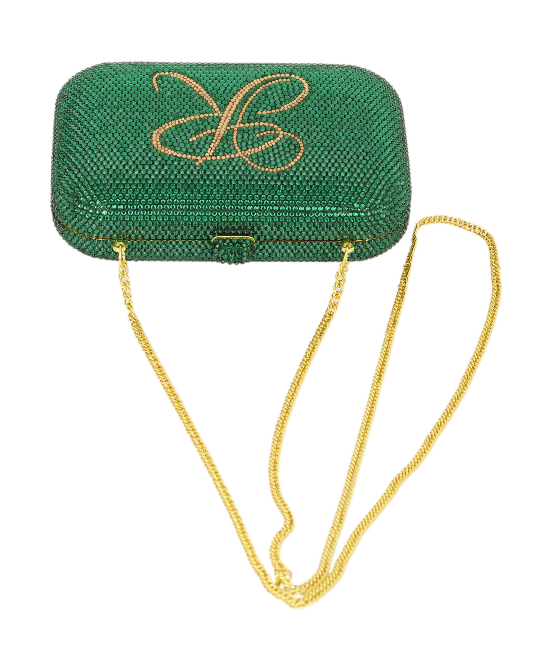 Ruya Customisable RÜYA Large Curve bag with a green crystal finish and gold personalised lettering AKC0728
