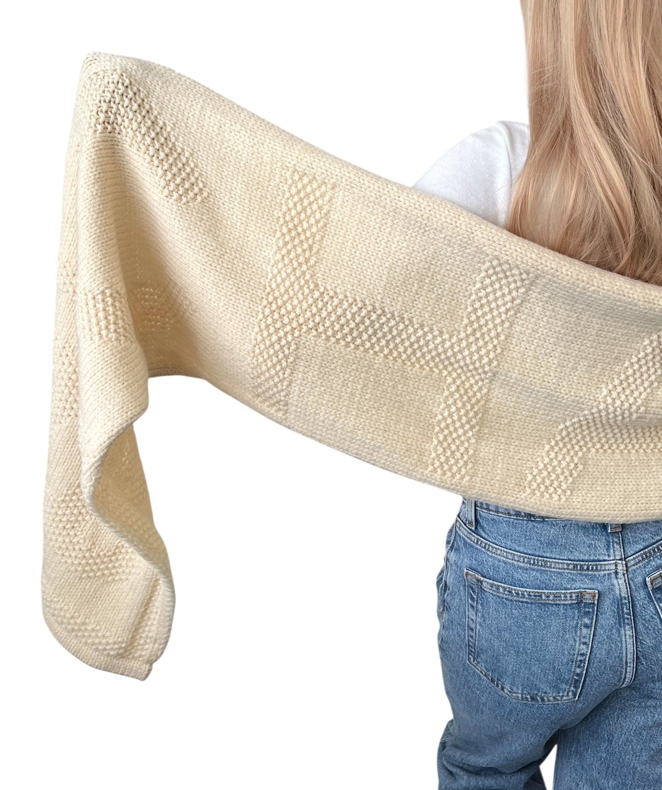 CHANEL Vintage CC Mark Logo Knit Muffler Scarf Wrap Accessory Cream Wool Stitch