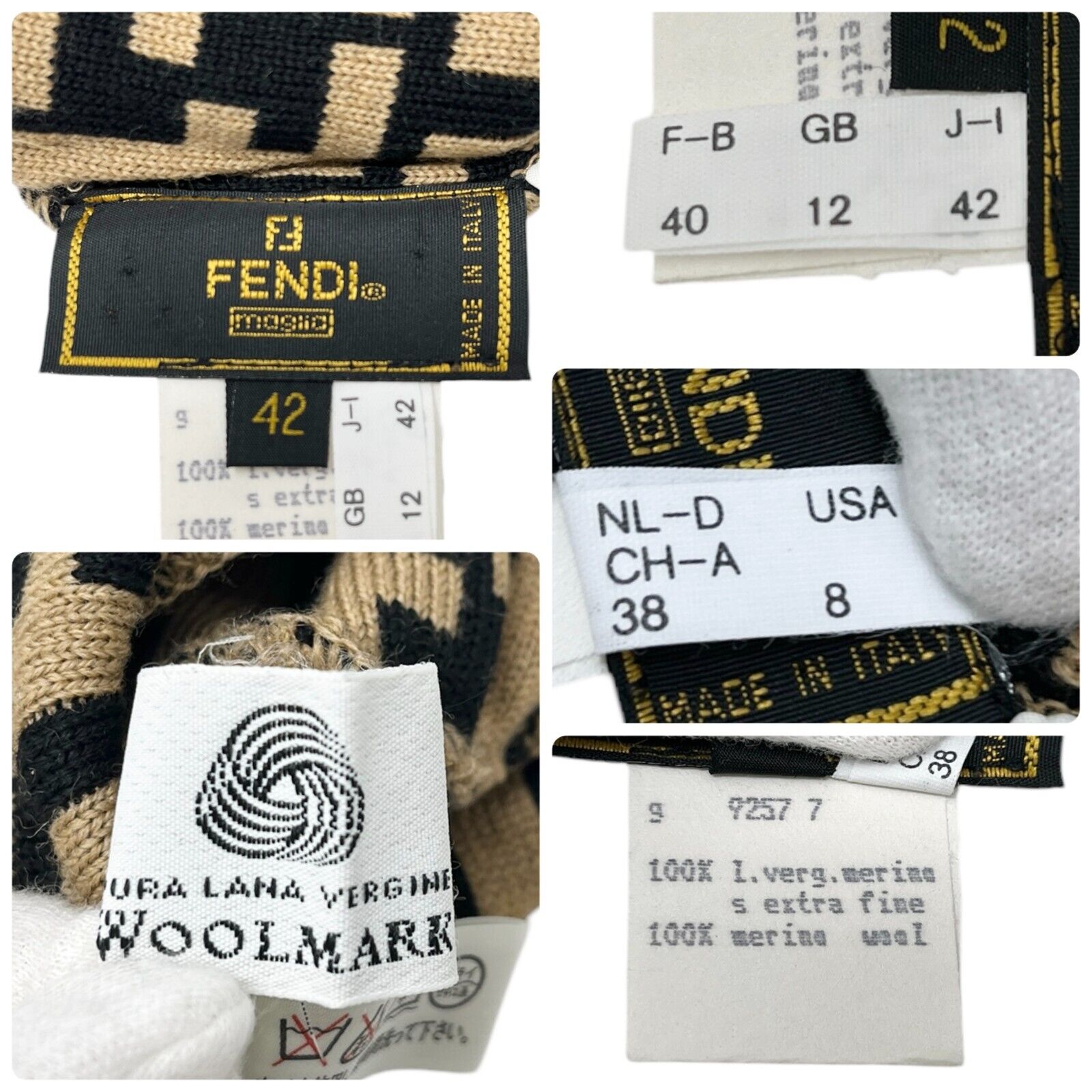 FENDI Vintage Zucca Monogram Knit Beanie #42 Cap Stripe Beige Black Wool