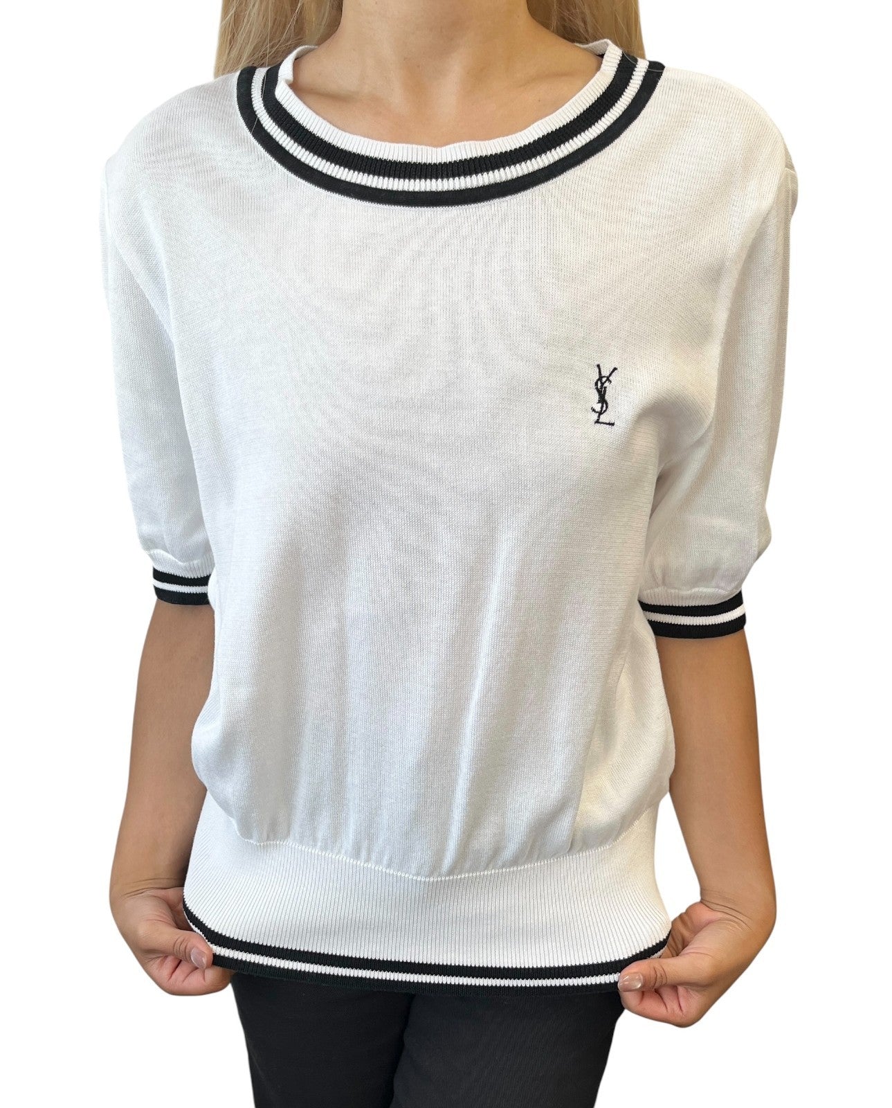 Yves Saint Laurent Vintage YSL Logo Knit T-shirt Top #M White Black Cotton