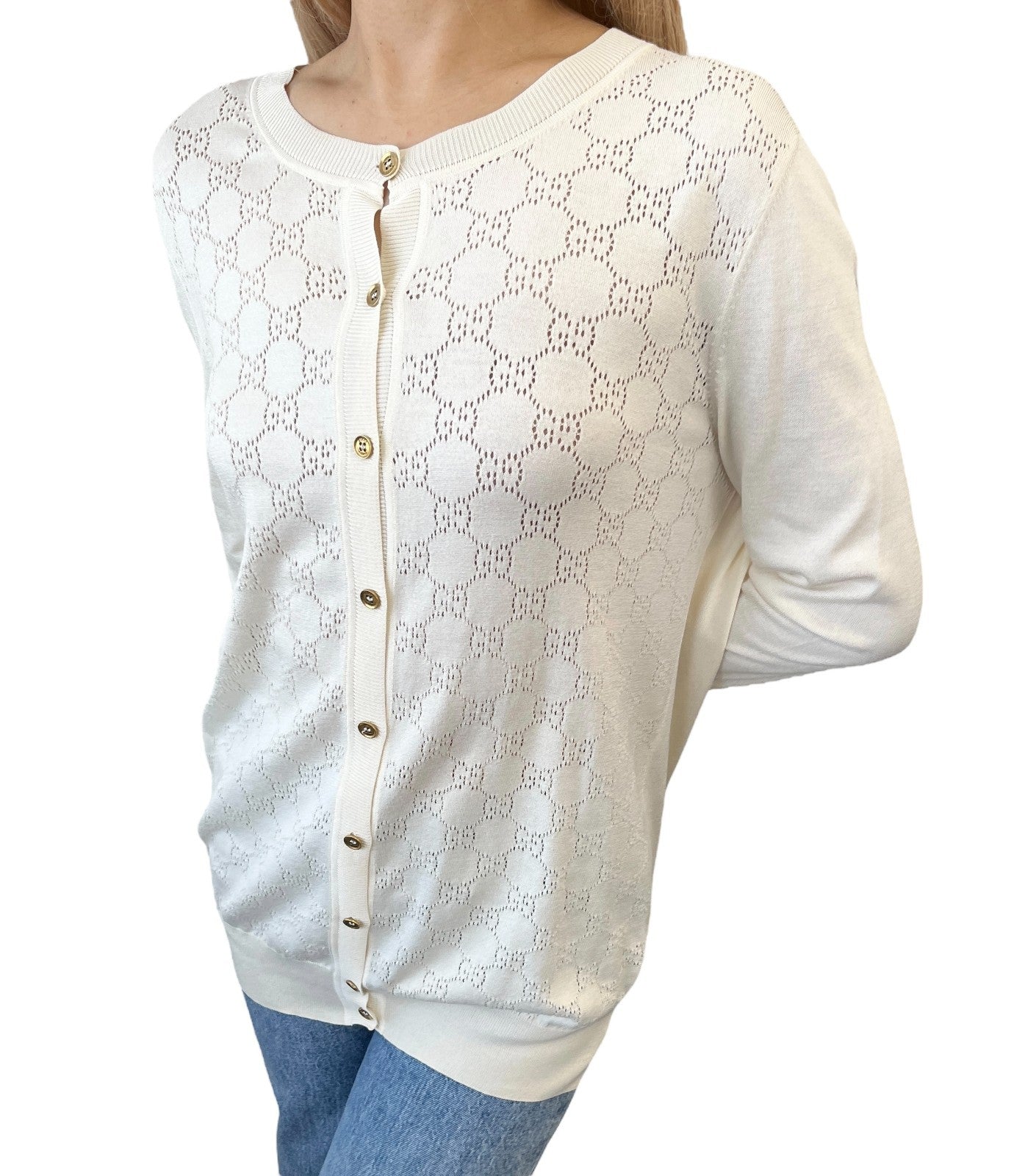 GUCCI Vintage Cardigan Sweater Top #L Punching Cream Gold Silk Cotton Nylon