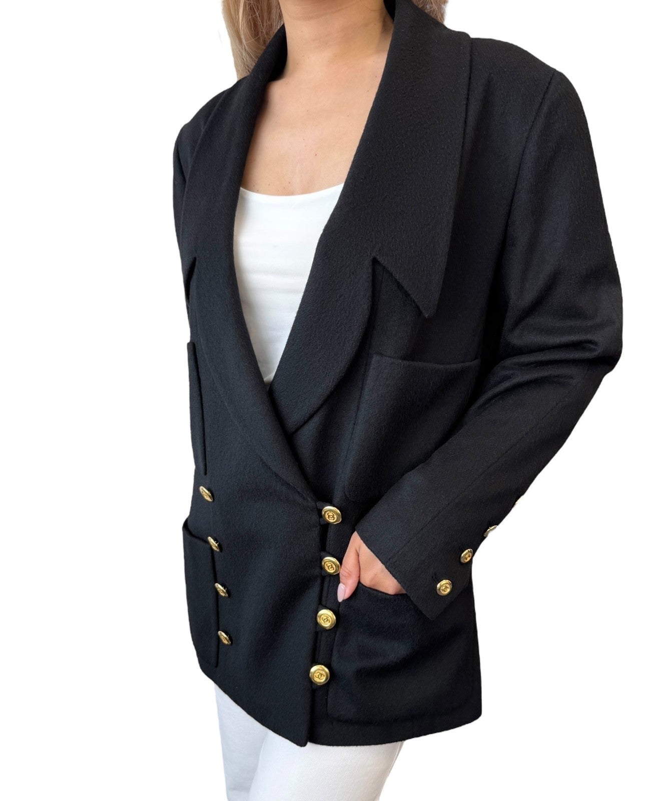 CHANEL Vintage CC Mark Logo Jacket #38 Button Pocket Black Gold Cashmere