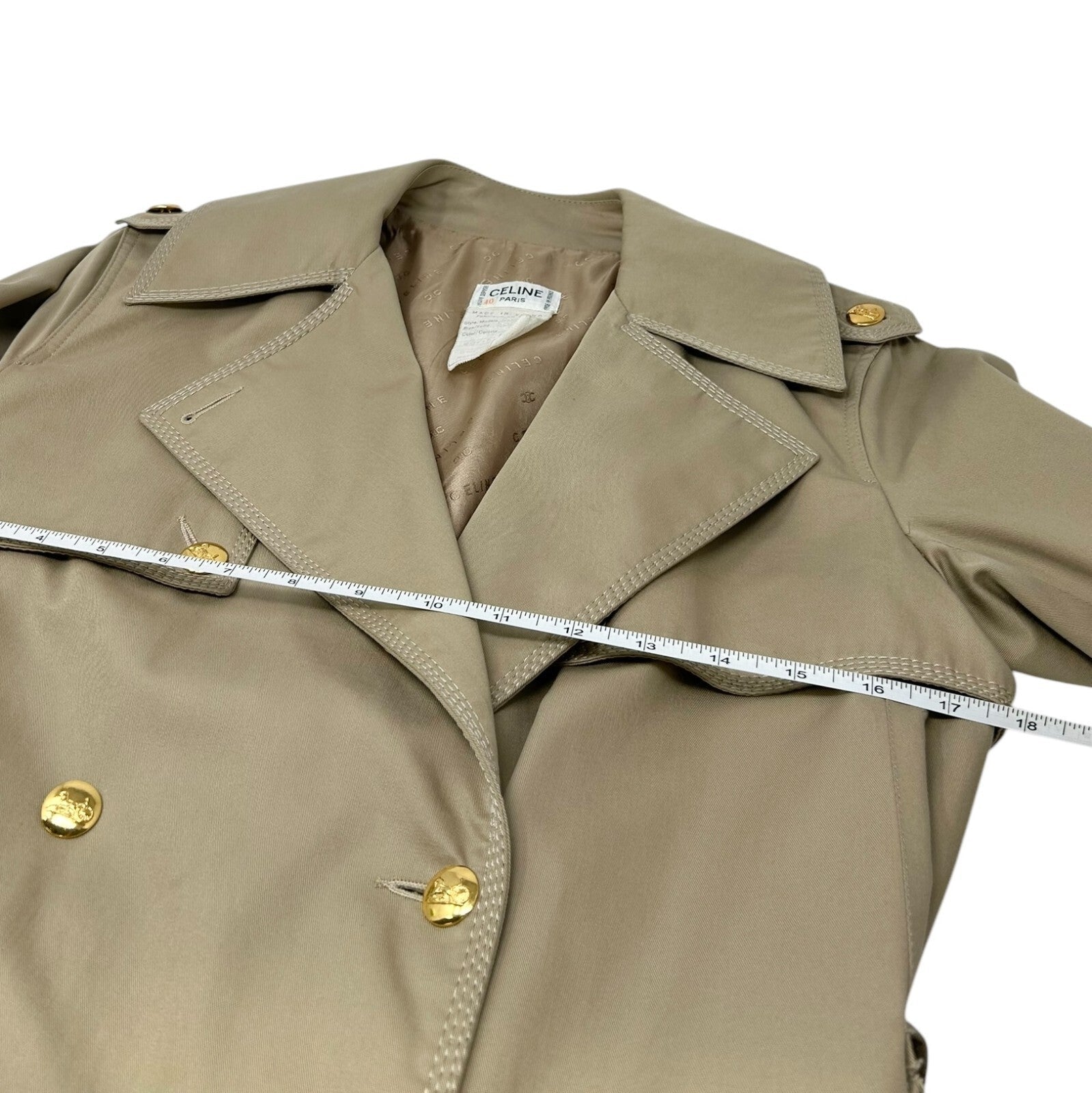 CELINE Vintage Logo Trench Coat #40 Light Brown Gold Cotton Button Stitch
