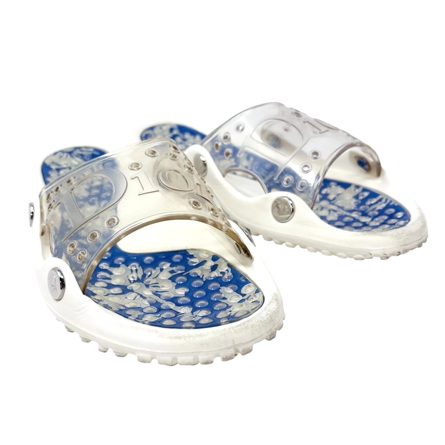 Christian Dior Vintage CD Logo Surf Chick Beach Sandals #38 White Blue Rubber
