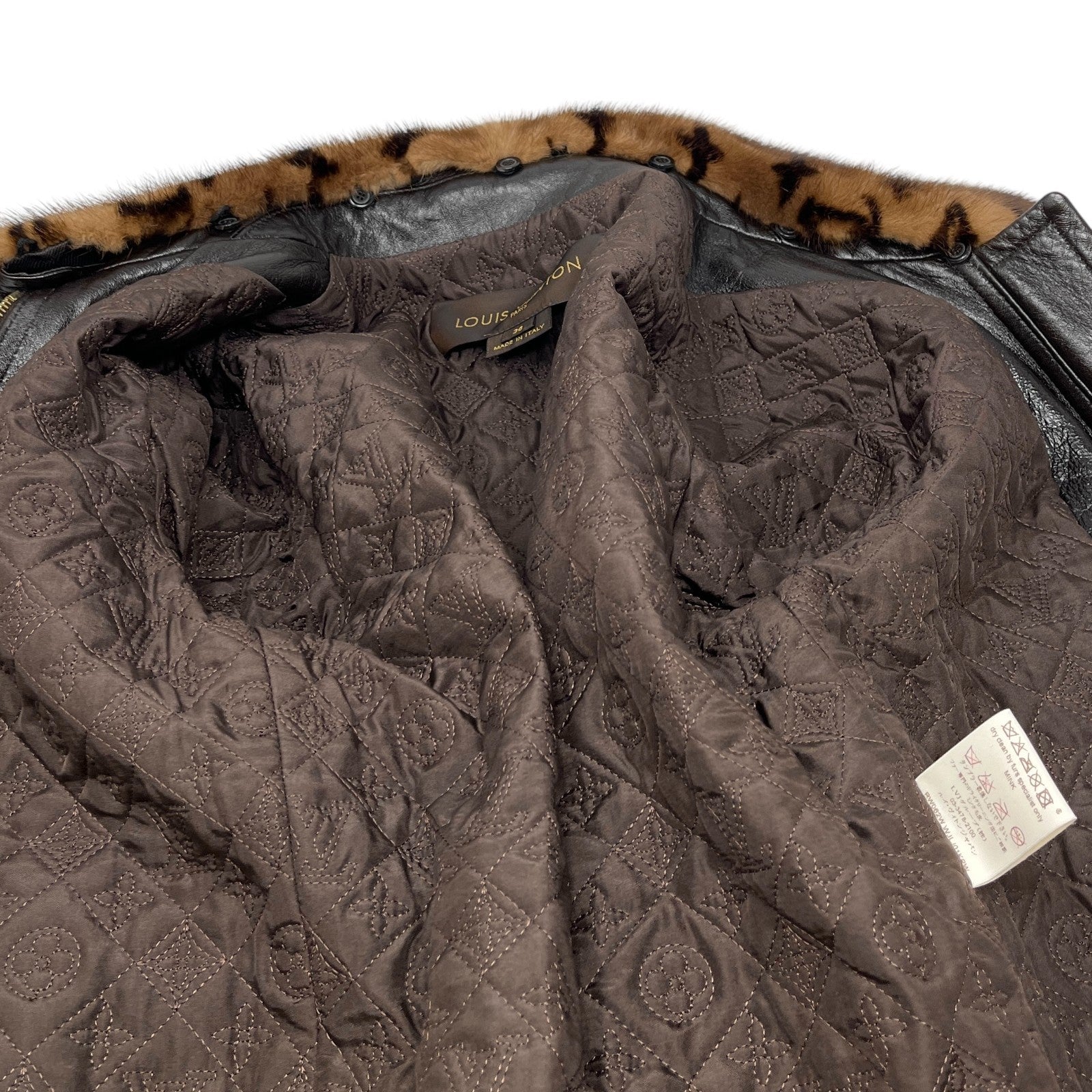 LOUIS VUITTON Vintage LV Monogram Logo Fur Leather Jacket #36 Zip Brown Gold