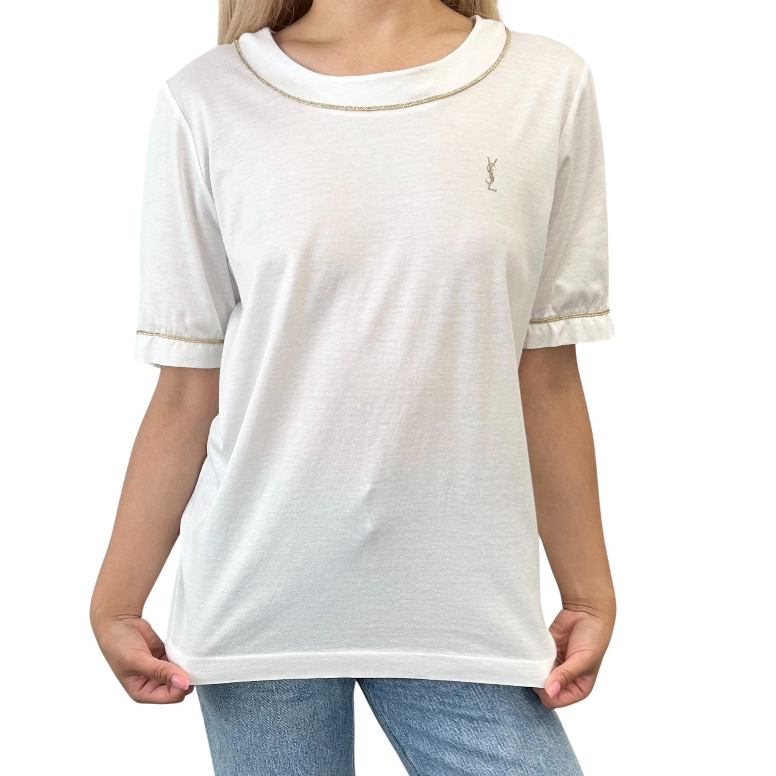 Yves Saint Laurent Vintage YSL Logo T-shirt Top #M White Gold Cotton Glitter