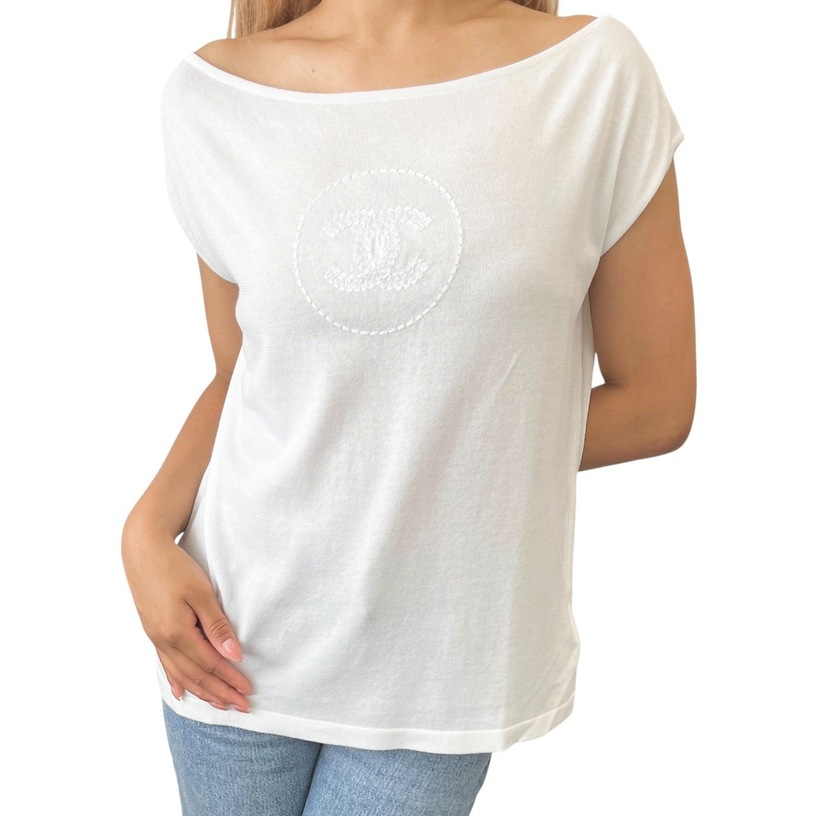 CHANEL Vintage 07P CC Logo Summer Knit Top Tank #38 Boat Neck White Sleeveless