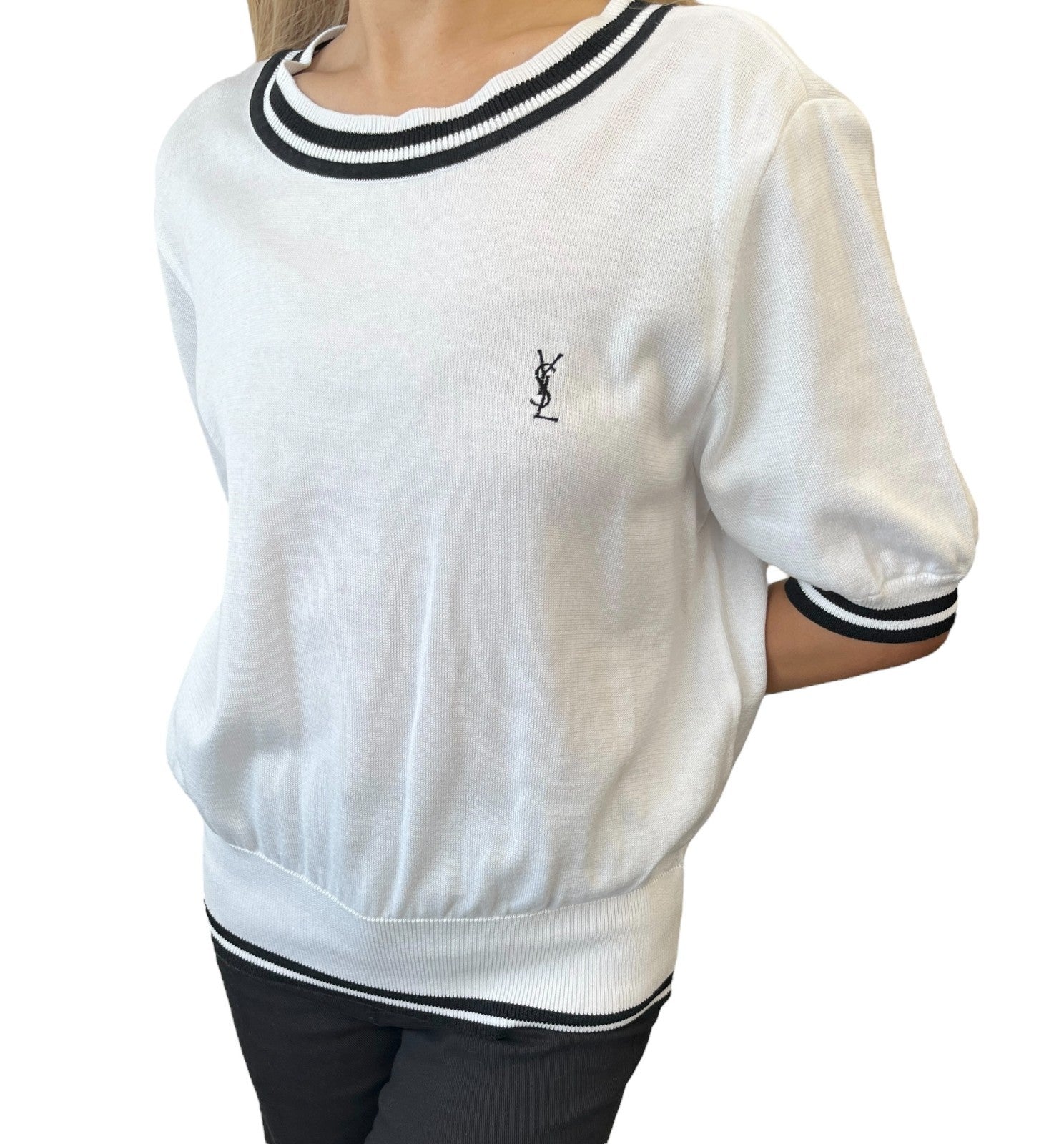 Yves Saint Laurent Vintage YSL Logo Knit T-shirt Top #M White Black Cotton