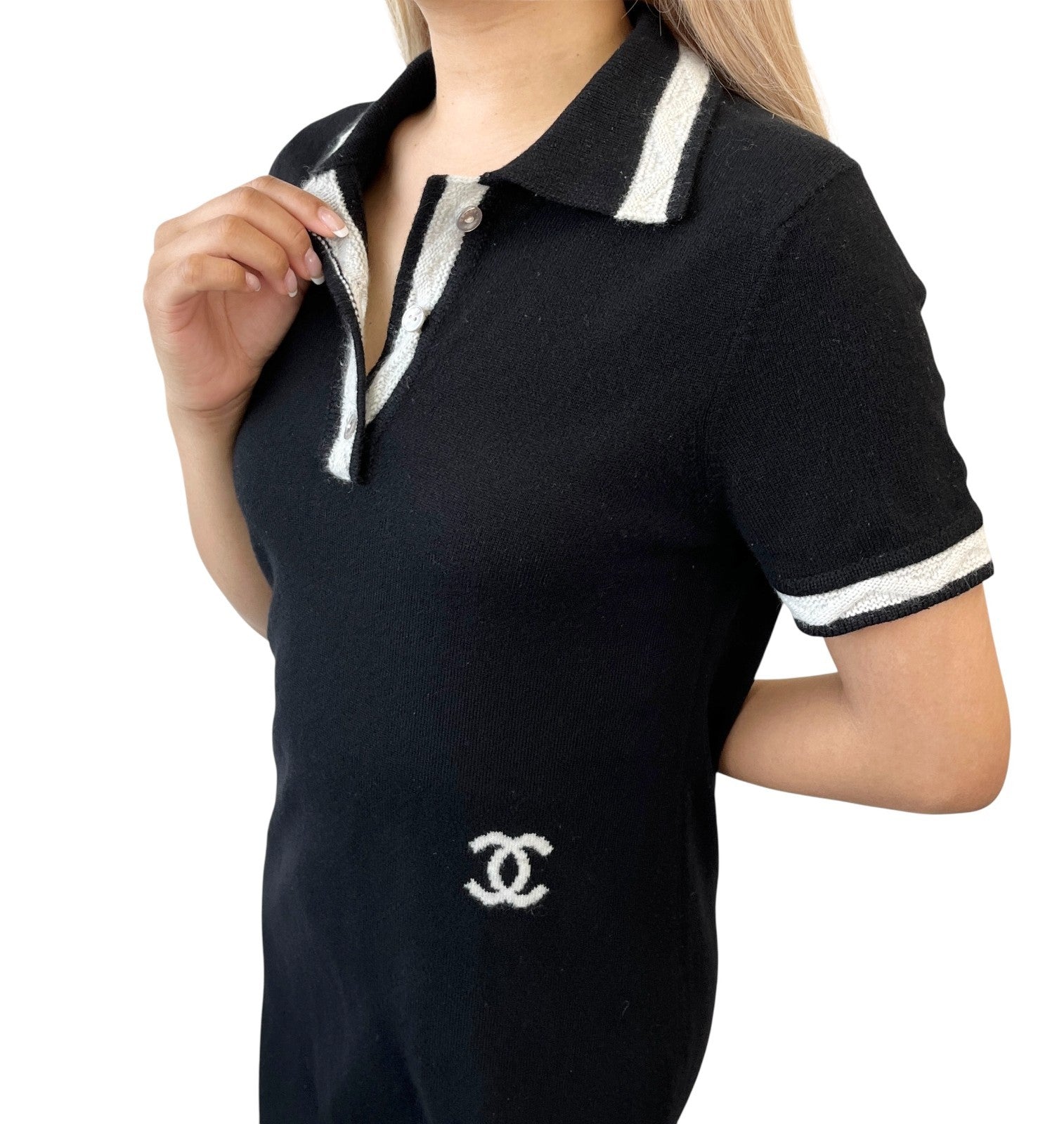 CHANEL Vintage 04A CC Logo Knit Dress One-piece #34 Black Gray Cashmere Button