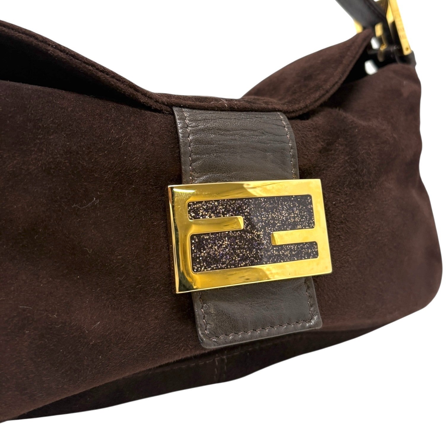 FENDI Vintage FF Logo Mamma Baguette Shoulder Bag Handbag Brown Gold Suede
