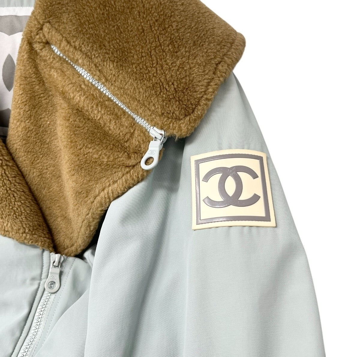 CHANEL Sport Vintage 01A CC Logo Ski Wear Jacket #36 Blue Brown Cotton Fur Zip