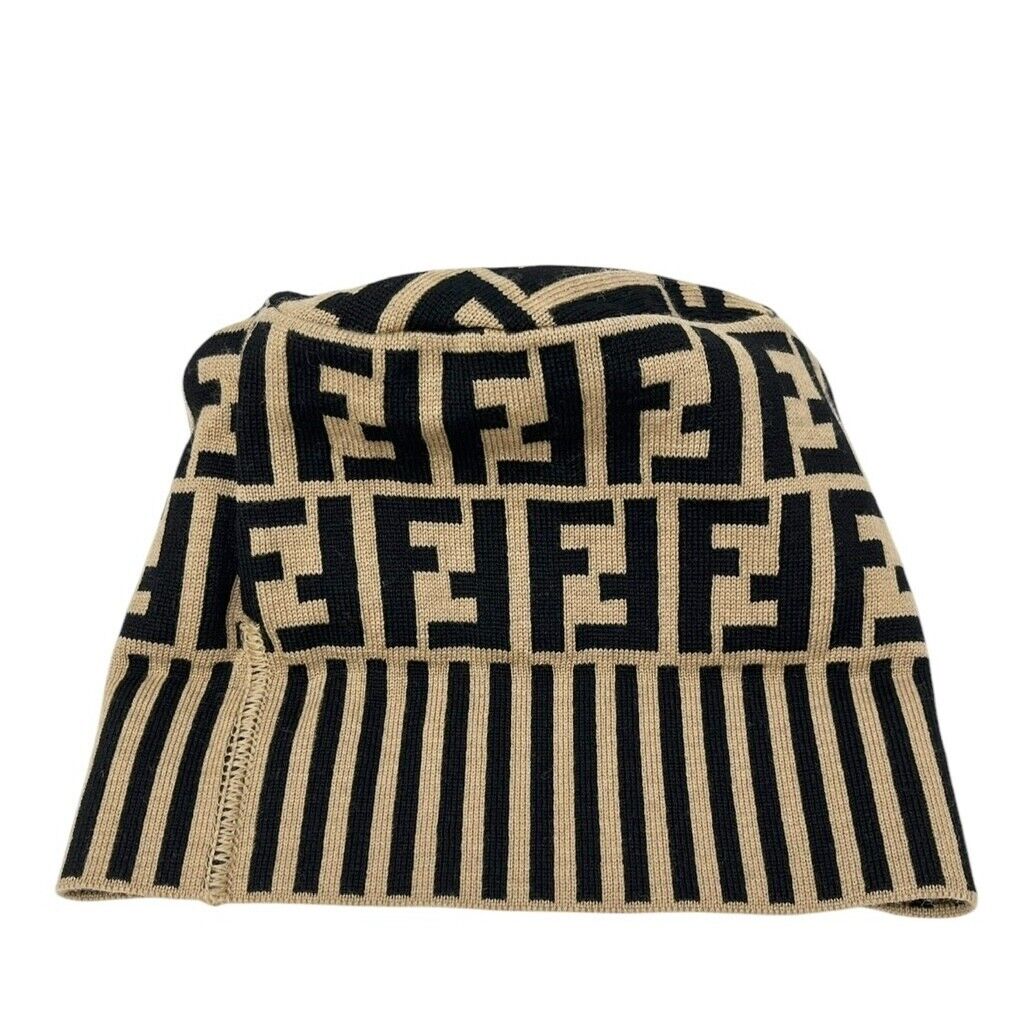 FENDI Vintage Zucca Monogram Knit Beanie #42 Cap Stripe Beige Black Wool