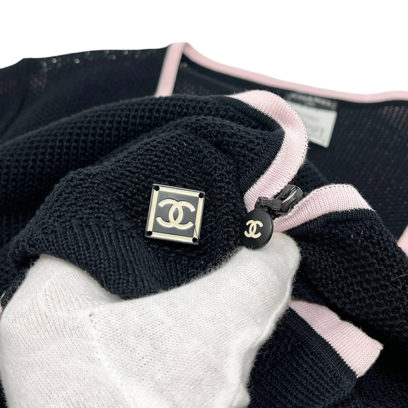 CHANEL Sport Vintage 03P CC Logo Mesh Zip Top #38 Knit Cardigan Black RankAB+