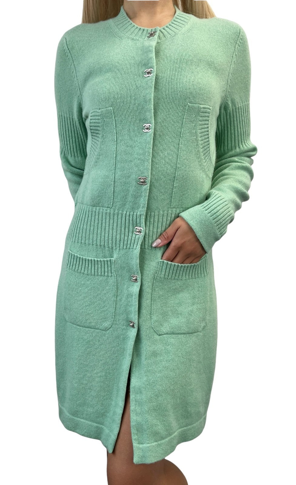 CHANEL Vintage P52425 CC Turnlock Logo Knit Cardigan Dress #38 Cashmere Green