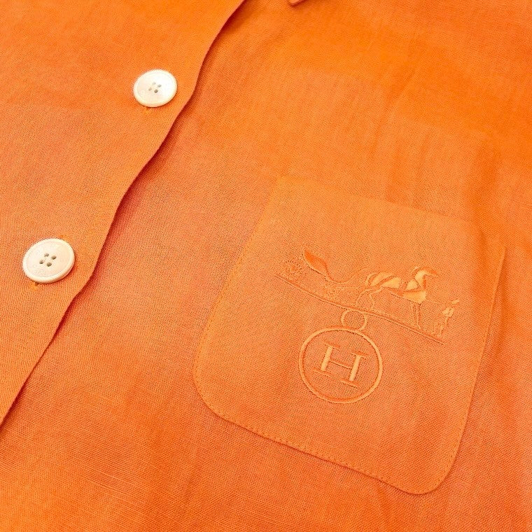 HERMES Vintage H Logo Horse Carriage Embroidery Shirt #36 Orange Linen Button