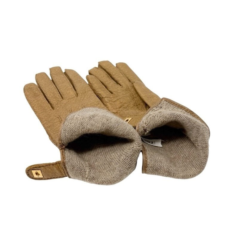 CHANEL Vintage CC Mark Logo Gloves Turn Lock #7.5 Leather Light Brown Gold