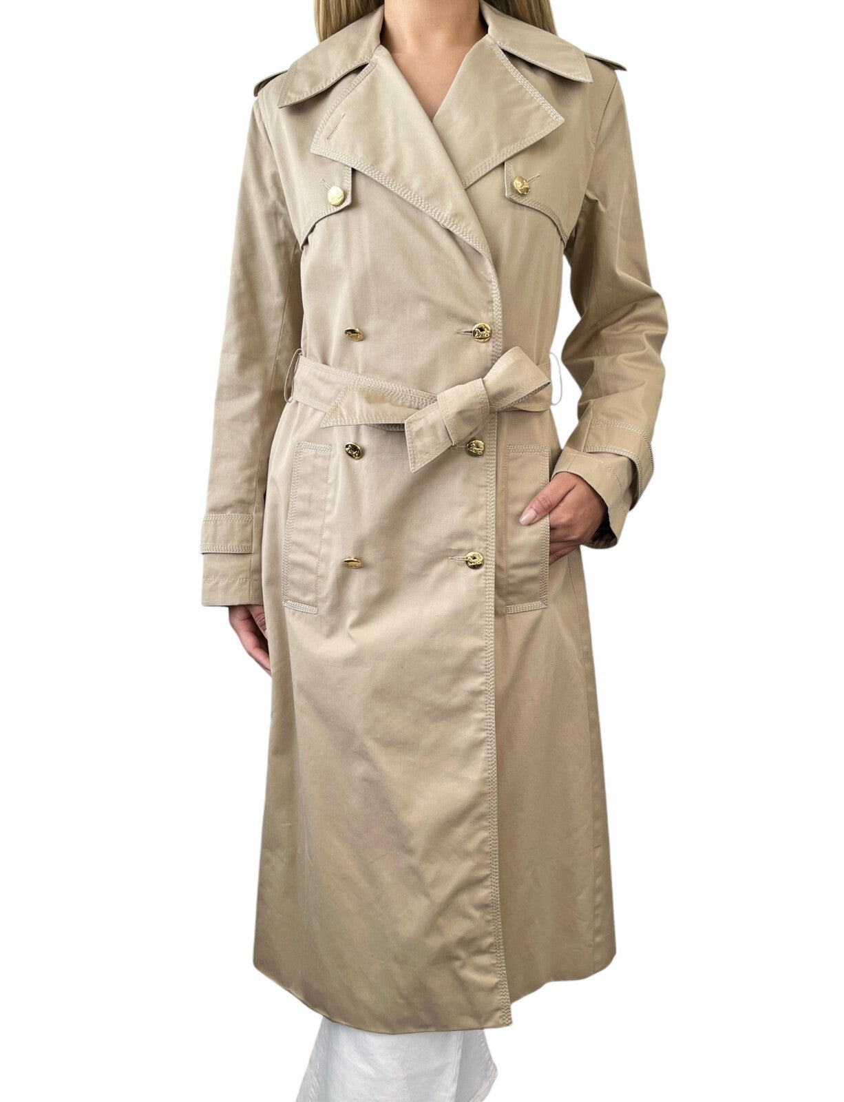 CELINE Vintage Logo Trench Coat #40 Light Brown Gold Cotton Button Stitch