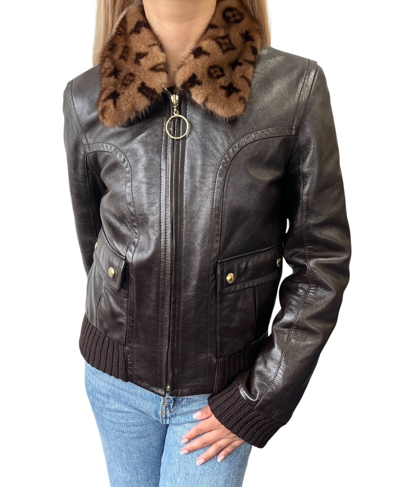 LOUIS VUITTON Vintage LV Monogram Logo Fur Leather Jacket #36 Zip Brown Gold