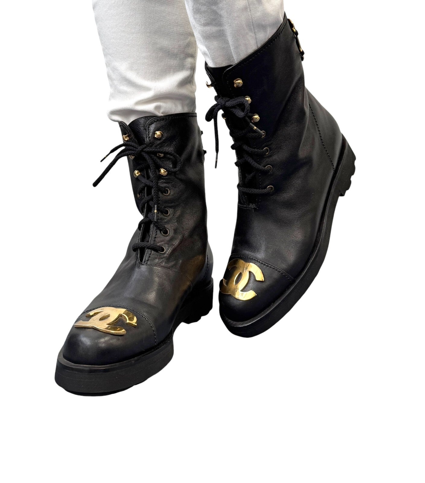 CHANEL Vintage CC Logo Lace-up Ankle Boots #36.5 Short Boots Black Gold Leather