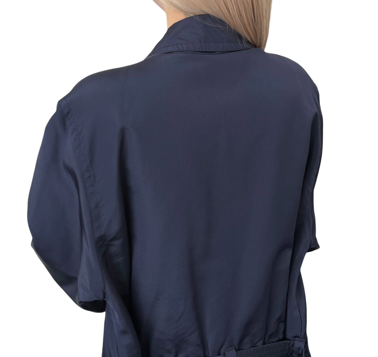 CHANEL Vintage PO5667 CC Logo Long Coat Jacket #38 Zip Pocket Belt Dark Blue