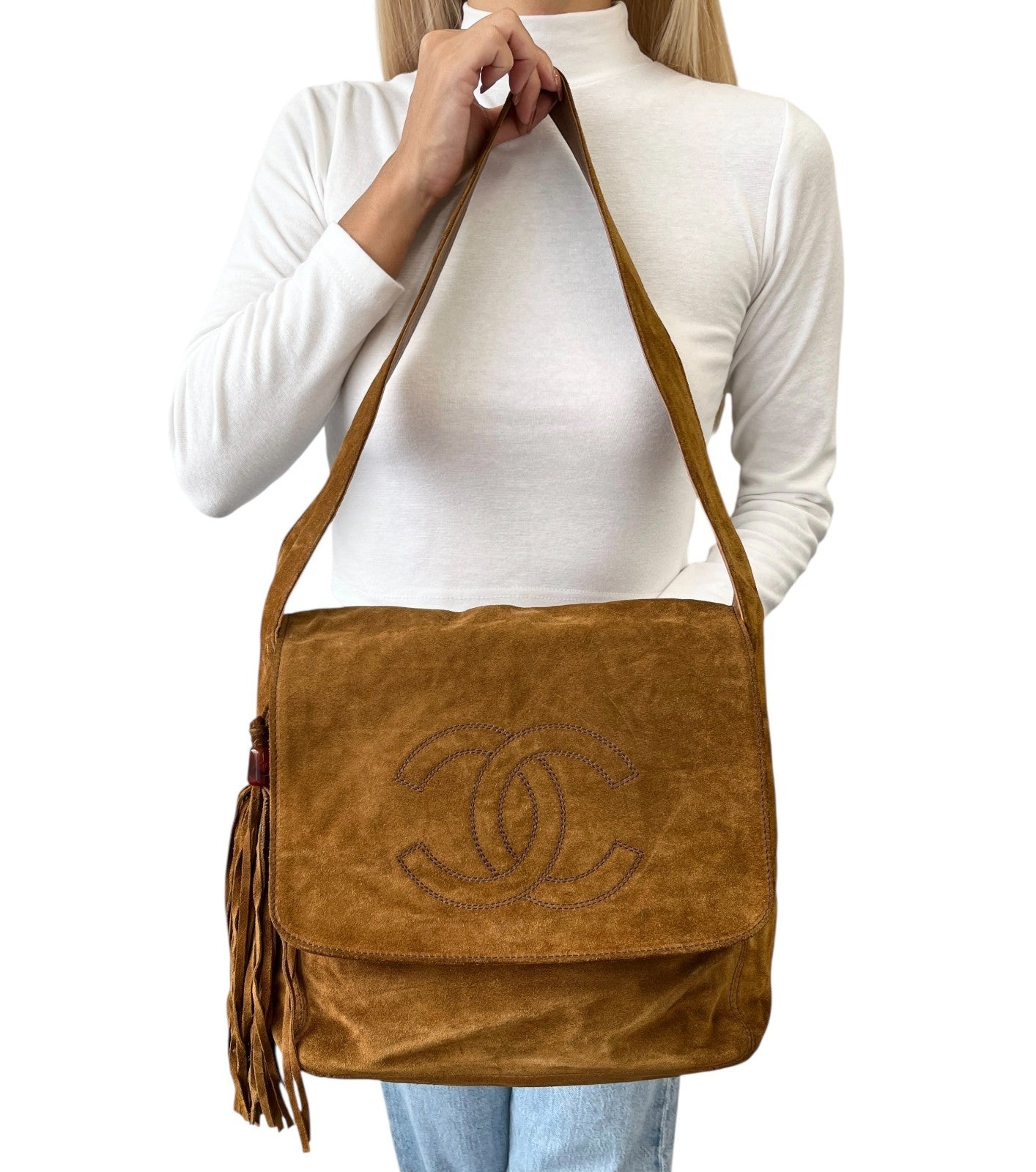 CHANEL Vintage CC Mark Logo Crossbody Shoulder Bag 2way Bag Fringe Brown Suede