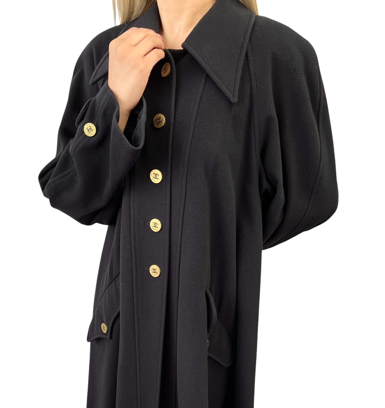 CHANEL Vintage 94A CC Logo Long Jacket Coat #36 Button Black Gold Cashmere